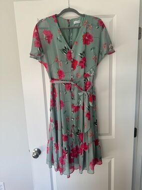 Calvin Klein Mint Green Floral Wrap Midi Dress with Pink Flowers